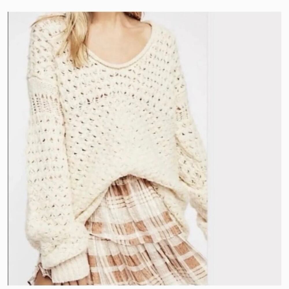 Free People Crashing Waves Sweater Med Cream Open Knit Slouchy Boho Oversized